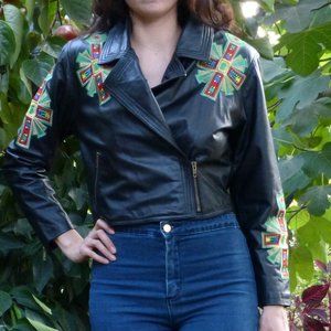 Lauren Blake Embroidered  Leather Moto Jacket